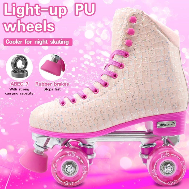 WELLWON Roller Skate for Women Girls and Kids, High-top Double Row-Classic Rollerskates Size 5 6 7 8 9 10 11 and Youth Size 2 3, Indoor Outdoor Roller Skates for Beginner Ladies with Light-up Wheels - Image 4